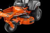 Side view of a Husqvarna ride-on mower showcasing its cutting deck.