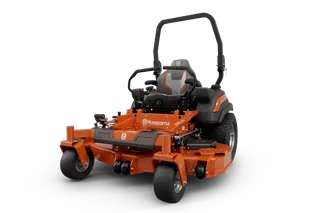 Front view of a Husqvarna zero-turn ride-on mower.