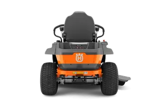 Rear view of a ride-on mower showcasing its seat and control panel.