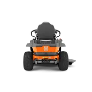 Rear view of a ride-on mower showcasing its seat and control panel.