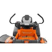 Front view of a Husqvarna ride-on mower showcasing the seat and control handles.