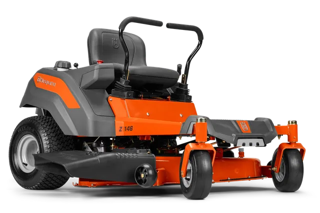 Side view of a Husqvarna ride-on mower with cutting deck.