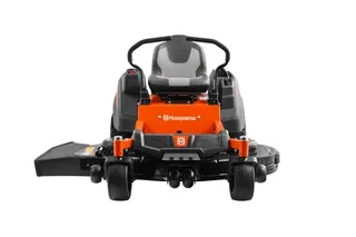 Front view of a Husqvarna ride-on mower with visible steering wheel and seat.
