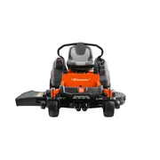 Front view of a Husqvarna ride-on mower with visible steering wheel and seat.