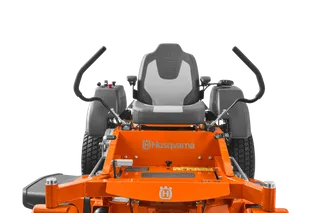 Front view of a Husqvarna ride-on mower showcasing the seat and control handles.