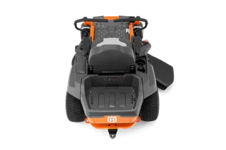 Rear view of a Husqvarna commercial front mower with cutting deck.