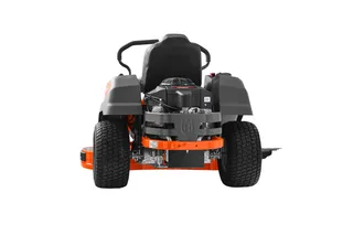 Rear view of a Husqvarna ride-on mower showcasing its engine and rear wheels.