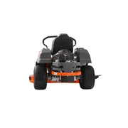 Rear view of a Husqvarna ride-on mower showcasing its engine and rear wheels.