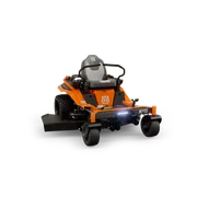 Front view of a Husqvarna zero-turn mower with visible seat and steering controls.