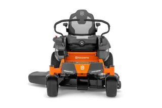 Front view of a Husqvarna ride-on mower with visible steering and seat.