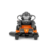 Front view of a Husqvarna ride-on mower with visible steering and seat.