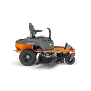 Side view of a ride-on lawn mower with visible cutting deck.