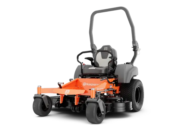Front view of a Husqvarna zero-turn mower with a roll-over protection system.