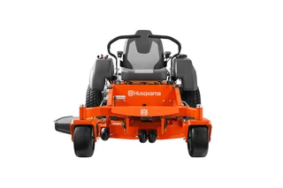 Front view of a Husqvarna ride-on mower with cutting deck.