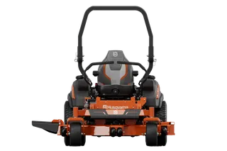 Front view of a Husqvarna zero-turn lawn mower.