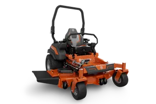 Front view of a Husqvarna zero-turn ride-on mower with cutting deck.