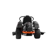 Front view of a Husqvarna ride-on mower with visible engine and steering wheel.