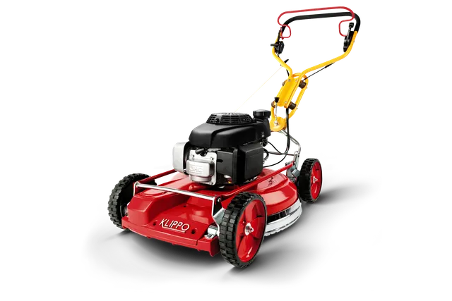 Set fra siden af en Klippo-plæneklipper med synlig motor og justerbart håndtag.