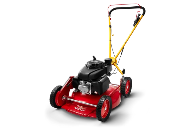 Set fra siden af en Kuipro-plæneklipper med synlig motor og håndtag.