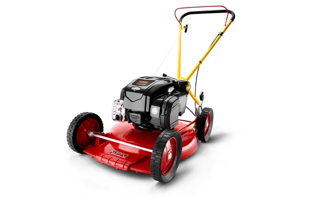 KLIPPO Excellent. Framifrån sett en gräsklippare med en Briggs & Stratton-motor och ett gult handtag.