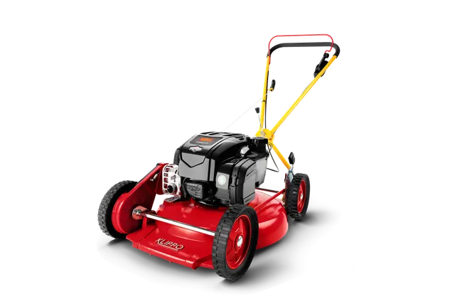 Vy från sidan av en gågräsklippare med synlig motor och handtag.