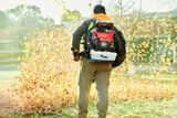A person using a leaf blower to clear fallen leaves in a park setting.