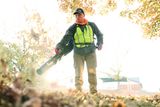 A person using a leaf blower to clear fallen leaves in a park setting.