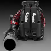 Front view of a RedMax backpack leaf blower with ergonomic straps and nozzle.