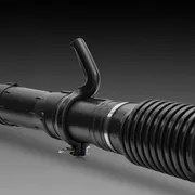 Side view of a construction tool component with a handle and ribbed section.