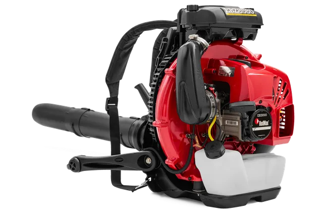 Side view of a backpack leaf blower with visible engine components.