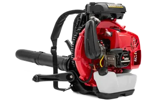 Side view of a backpack leaf blower with visible engine components.
