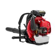 Side view of a backpack leaf blower with visible engine components.