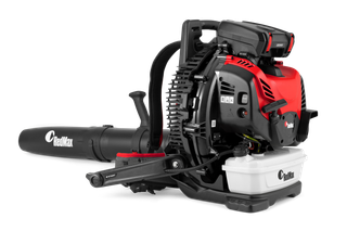 Side view of a RedMax backpack leaf blower showcasing its engine and fuel tank.