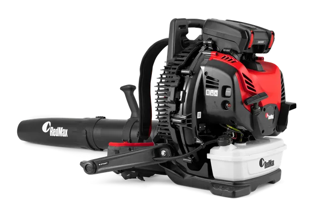 Side view of a RedMax backpack leaf blower showcasing its engine and fuel tank.