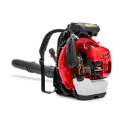 Side view of a leaf blower with visible engine components and shoulder strap.