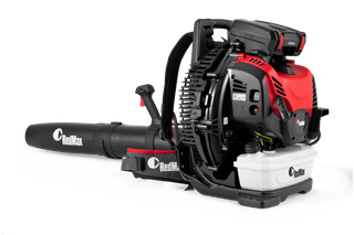 Side view of a RedMax backpack leaf blower with visible fuel tank and controls.