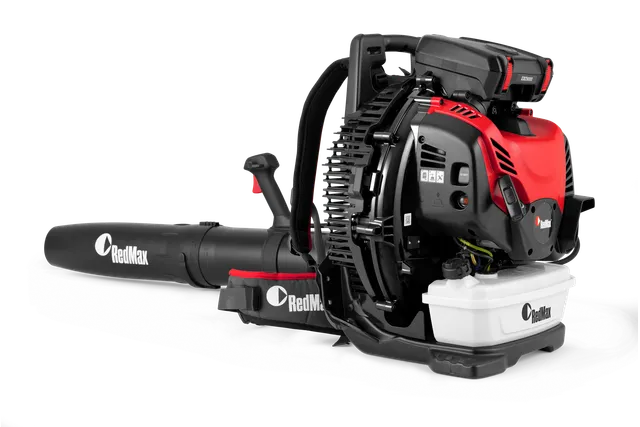 Side view of a RedMax backpack leaf blower with visible fuel tank and controls.