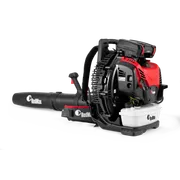 Side view of a RedMax backpack leaf blower with visible fuel tank and controls.