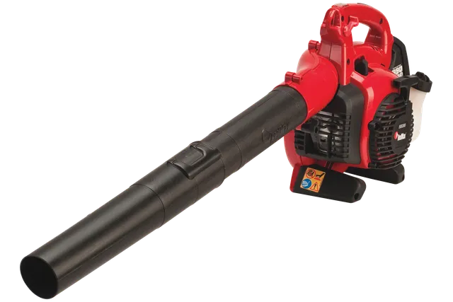 Side view of a handheld leaf blower with an extended nozzle.