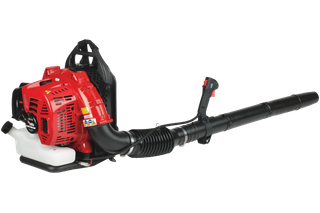 Side view of a leaf blower with a fuel tank and ergonomic handle.