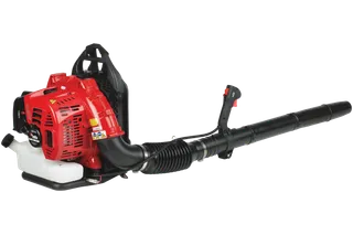 Side view of a leaf blower with a fuel tank and ergonomic handle.