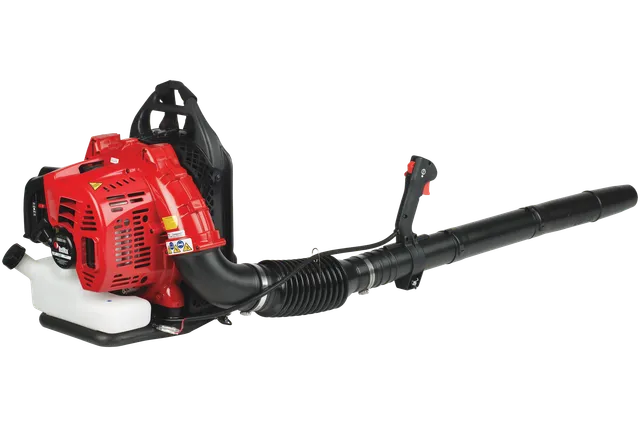 Side view of a leaf blower with a fuel tank and ergonomic handle.