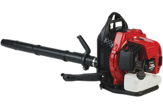 Side view of a leaf blower with a fuel tank and ergonomic handle.