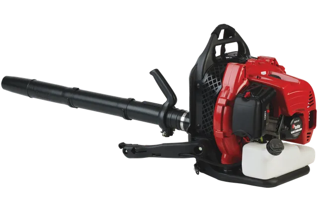 Side view of a leaf blower with a fuel tank and ergonomic handle.