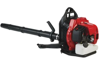 Side view of a leaf blower with a fuel tank and ergonomic handle.