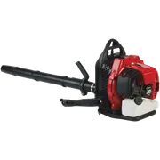 Side view of a leaf blower with a fuel tank and ergonomic handle.