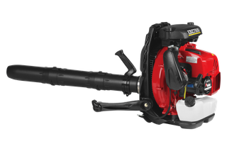 Side view of a backpack leaf blower with visible fuel tank and engine components.