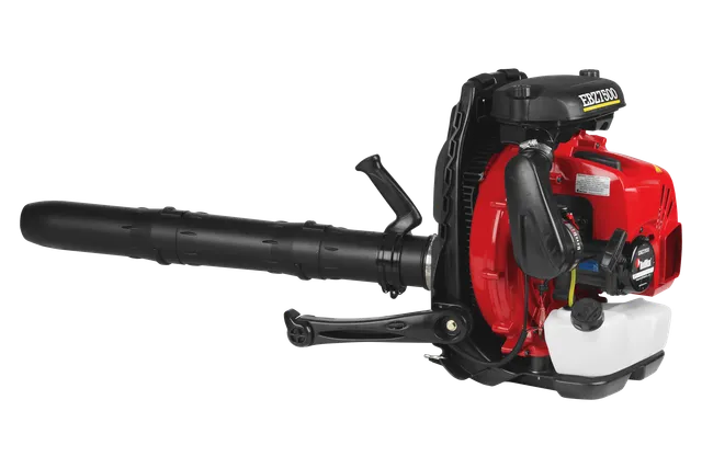 Side view of a backpack leaf blower with visible fuel tank and engine components.