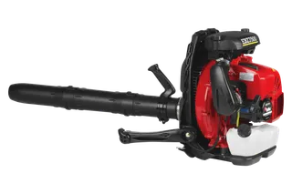Side view of a backpack leaf blower with visible fuel tank and engine components.