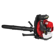 Side view of a backpack leaf blower with visible fuel tank and engine components.
